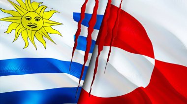 Yara izi olan Uruguay ve Grönland bayrakları. Dalgalanan bayrak, 3 boyutlu görüntüleme. Uruguay ve Grönland çatışma konsepti. Uruguay Grönland ilişkileri kavramı. Uruguay bayrağı ve Grönland krizi, savaş, attac