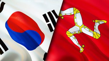 Güney Kore ve Man Adası bayrakları. 3 boyutlu dalgalanan bayrak tasarımı. Güney Kore Man Adası bayrağı, resim, duvar kağıdı. Güney Kore, Man Adası 'na karşı 3 boyutlu görüntü. Güney Kore Erkek İlişkileri Adası ittifakı