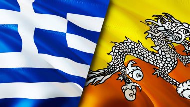 Yunanistan ve Butan bayrakları. 3 boyutlu dalgalanan bayrak tasarımı. Yunanistan Bhutan bayrağı, resim, duvar kağıdı. Yunanistan, Bhutan imajına karşı, 3D görüntüleme. Yunanistan Bhutan ilişkileri ittifak ve Ticaret, seyahat, turizm konsepti