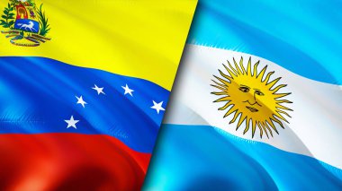 Venezuela ve Arjantin bayrakları. 3 boyutlu dalgalanan bayrak tasarımı. Venezuela Arjantin bayrağı, resim, duvar kağıdı. Venezuela, Arjantin 'e karşı, görüntü 3 boyutlu. Venezuela Arjantin ilişkileri