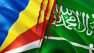 Seyşeller ve Suudi Arabistan bayrakları yara izi konseptiyle. Dalgalanan bayrak, 3 boyutlu görüntüleme. Seyşeller ve Suudi Arabistan çatışma konsepti. Seyşeller Suudi Arabistan ilişkileri kavramı. Seyşeller ve Saud bayrağı