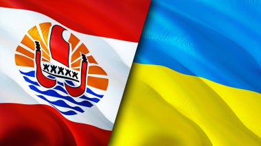 Fransız Polinezyası ve Ukrayna bayrakları. 3 boyutlu dalgalanan bayrak tasarımı. Fransız Polinezya Ukrayna bayrağı, resim, duvar kağıdı. Fransız Polinezyası, Ukrayna 'ya karşı, 3 boyutlu canlandırma. Fransız Polinezyası Ukrayna ilişkisi