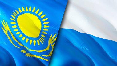 Kazakistan ve San Marino bayrakları. 3 boyutlu dalgalanan bayrak tasarımı. Kazakistan San Marino bayrağı, resim, duvar kağıdı. Kazakistan, San Marino 'ya karşı, görüntü 3 boyutlu. Kazakistan San Marino ilişkileri
