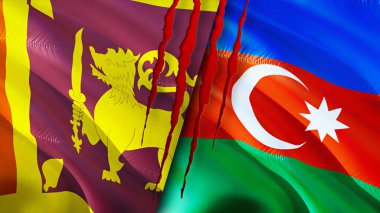 Yara izi olan Sri Lanka ve Azerbaycan bayrakları. Dalgalanan bayrak, 3 boyutlu görüntüleme. Sri Lanka ve Azerbaycan çatışma konsepti. Sri Lanka Azerbaycan ilişkileri kavramı. Sri Lanka ve Azerbaycan bayrağı