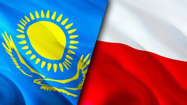 Kazakistan ve Polonya bayrakları. 3 boyutlu dalgalanan bayrak tasarımı. Kazakistan Polonya bayrağı, resim, duvar kağıdı. Kazakistan, Polonya 'ya karşı. Görüntü 3 boyutlu. Kazakistan Polonya ilişkileri ittifak ve ticaret, seyahat, turnuva