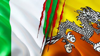 Nijerya ve Bhutan bayrakları yara izi konseptiyle. Dalgalanan bayrak, 3 boyutlu görüntüleme. Nijerya ve Butan çatışma konsepti. Nijerya Butan ilişkileri kavramı. Nijerya bayrağı ve Butan krizi, savaş, saldırı konsepti
