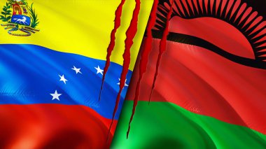 Venezuela ve Malawi yara izi olan bayraklar. Dalgalanan bayrak, 3 boyutlu görüntüleme. Venezuela ve Malawi çatışma konsepti. Venezuela Malavi ilişkileri kavramı. Venezuela bayrağı ve Malavi krizi, savaş, attac