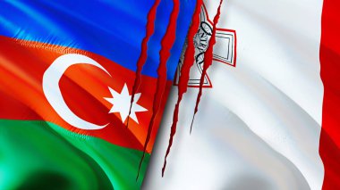 Yara izi olan Azerbaycan ve Malta bayrakları. Dalgalanan bayrak, 3 boyutlu görüntüleme. Azerbaycan ve Malta çatışma konsepti. Azerbaycan Malta ilişkileri kavramı. Azerbaycan bayrağı ve Malta krizi, savaş, attac