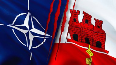 NATO ve Cebelitarık bayraklarında yara izi var. Dalgalanan bayrak, 3 boyutlu görüntüleme. Cebelitarık ve NATO çatışma konsepti. NATO Cebelitarık ilişkileri kavramı. NATO ve Cebelitarık bayrağı krizi, savaş, saldırı konsepti