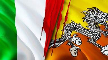 İtalya ve Bhutan bayraklarında yara izi var. Dalgalanan bayrak, 3 boyutlu görüntüleme. İtalya ve Butan çatışma konsepti. İtalya Bhutan ilişkileri kavramı. İtalya bayrağı ve Butan krizi, savaş, saldırı konsepti