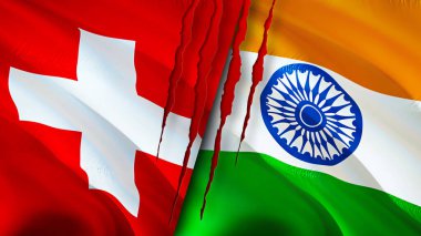 Yara izi olan İsviçre ve Hindistan bayrakları. Dalgalanan bayrak, 3 boyutlu görüntüleme. İsviçre ve Hindistan çatışma konsepti. İsviçre Hindistan ilişkileri kavramı. İsviçre bayrağı ve Hindistan krizi, savaş, attac