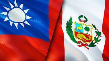 Tayvan ve Peru bayrakları. 3 boyutlu dalgalanan bayrak tasarımı. Tayvan Peru bayrağı, resim, duvar kağıdı. Tayvan, Peru 'ya karşı, görüntü 3 boyutlu. Tayvan Peru ilişkileri ittifak ve ticaret, seyahat, turizm konsepti