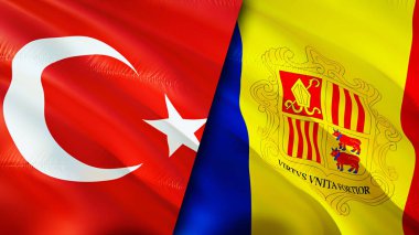 Hindi ve Andorra bayrakları. 3 boyutlu dalgalanan bayrak tasarımı. Andorra bayrağı, resim, duvar kağıdı. Türkiye, Andorra 'ya karşı, görüntü 3 boyutlu. Türkiye Andorra ilişkileri ittifak ve ticaret, seyahat ve turizm consepti