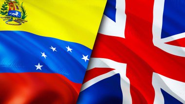 Venezuela ve Birleşik Krallık bayrakları. 3 boyutlu dalgalanan bayrak tasarımı. Venezuela Birleşik Krallık bayrağı, resim, duvar kağıdı. Venezuela, Birleşik Krallık 'a karşı, görüntü 3 boyutlu. Venezuela Birleşik Krallık ilişkisi