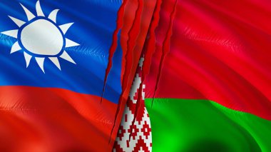 Yara izi olan Tayvan ve Belarus bayrakları. Dalgalanan bayrak, 3 boyutlu görüntüleme. Tayvan ve Belarus çatışma konsepti. Tayvan Belarus ilişkileri kavramı. Tayvan bayrağı ve Belarus krizi, savaş, saldırı konsepti