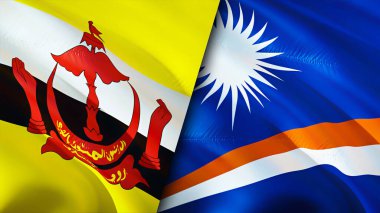 Brunei ve Marshall Adaları bayrakları. 3 boyutlu dalgalanan bayrak tasarımı. Brunei Marshall Adaları bayrağı, resim, duvar kağıdı. Brunei, Marshall Adaları 'na karşı. Görüntü 3 boyutlu. Brunei Marshall Adaları ilişkileri ittifak
