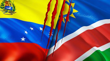 Venezuela ve Namibya bayraklarında yara izi var. Dalgalanan bayrak, 3 boyutlu görüntüleme. Venezuela ve Namibya çatışma konsepti. Venezuela Namibya ilişkileri kavramı. Venezuela bayrağı ve Namibya krizi, savaş, attac