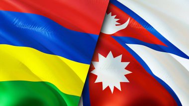 Mauritius ve Nepal bayrakları. 3 boyutlu dalgalanan bayrak tasarımı. Mauritius Nepal bayrağı, resim, duvar kağıdı. Mauritius, Nepal imajına karşı, 3 boyutlu görüntüleme. Mauritius Nepal ilişkileri ittifak ve ticaret, seyahat, turizm konsepti
