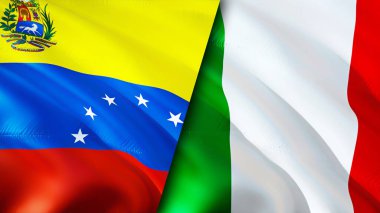 Venezuela ve İtalya bayrakları. 3 boyutlu dalgalanan bayrak tasarımı. Venezuela İtalya bayrağı, resim, duvar kağıdı. Venezuela İtalya 'ya karşı, görüntü 3 boyutlu. Venezuela İtalya ilişkileri ittifak ve ticaret, seyahat, turizm konsepti