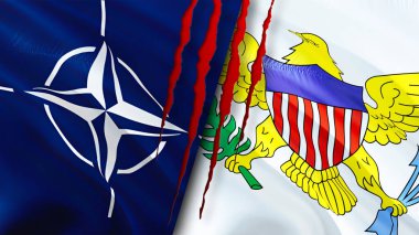 NATO ve ABD Virgin adaları yara izi kavramına sahip bayraklar. Dalgalanan bayrak, 3 boyutlu görüntüleme. ABD Virgin Adaları ve NATO çatışma konsepti. NATO ABD Virgin Adaları ilişkileri kavramı. NATO ve ABD bayrağı