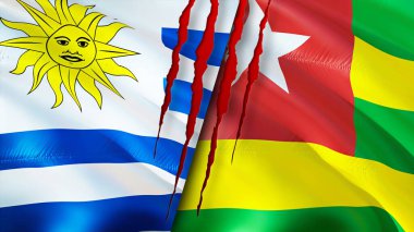 Yara izi olan Uruguay ve Togo bayrakları. Dalgalanan bayrak, 3 boyutlu görüntüleme. Uruguay ve Togo çatışma konsepti. Uruguay Togo ilişkileri kavramı. Uruguay ve Togo bayrağı krizi, savaş, saldırı konsepti