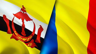 Brunei ve Romanya bayrakları. 3 boyutlu dalgalanan bayrak tasarımı. Brunei Romanya bayrağı, resim, duvar kağıdı. Brunei, Romanya 'ya karşı, görüntü 3D. Brunei Romanya ilişkileri ittifak ve ticaret, seyahat ve turizm consepti