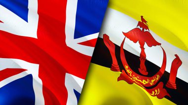 İngiltere ve Brunei bayrakları. 3 boyutlu dalgalanan bayrak tasarımı. Birleşik Krallık Brunei bayrağı, resim, duvar kağıdı. Birleşik Krallık Brunei 'ye karşı, görüntü 3 boyutlu. Birleşik Krallık Brunei ilişkileri