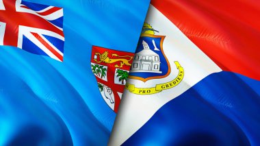 Fiji ve Sint Maarten bayrakları. 3 boyutlu dalgalanan bayrak tasarımı. Fiji Sint Maarten bayrağı, resim, duvar kağıdı. Fiji, Sint Maarten 'a karşı, görüntü 3 boyutlu. Fiji Sint Maarten İlişkiler Birliği ve Ticaret, Seyahat, Turnuva