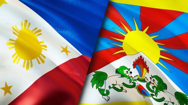 Filipinler ve Tibet bayrakları. 3 boyutlu dalgalanan bayrak tasarımı. Filipinler Tibet bayrağı, resim, duvar kağıdı. Filipinler, Tibet 'e karşı, görüntü 3 boyutlu. Filipinler Tibet ilişkileri ittifak ve ticaret, seyahat, turnuva