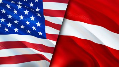 ABD ve Letonya bayrakları. 3 boyutlu dalgalanan bayrak tasarımı. ABD Letonya bayrağı, resim, duvar kağıdı. ABD Letonya 'ya karşı, görüntü 3 boyutlu. ABD Letonya ilişkileri ittifak ve ticaret, seyahat ve turizm danışmanlık