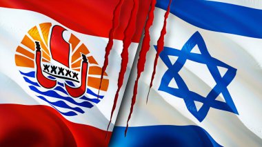 Fransız Polinezyası ve yara izi olan İsrail bayrakları. Dalgalanan bayrak, 3 boyutlu görüntüleme. Fransız Polinezyası ve İsrail çatışma konsepti. Fransız Polinezyası İsrail ilişkileri kavramı. Fransız Polinezyası bayrağı