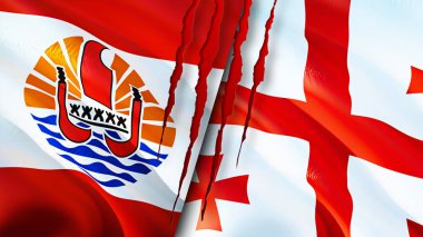 Fransız Polinezyası ve Gürcistan bayrakları yara izi konseptiyle. Dalgalanan bayrak, 3 boyutlu görüntüleme. Fransız Polinezyası ve Gürcistan çatışma konsepti. Fransız Polinezyası Georgia ilişkileri kavramı. Fransız Polynesi bayrağı