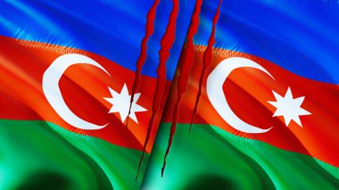 Yara izi olan Azerbaycan ve Azerbaycan bayrakları. Dalgalanan bayrak, 3 boyutlu görüntüleme. Azerbaycan ve Azerbaycan çatışma konsepti. Azerbaycan Azerbaycan ilişkileri kavramı. Azerbaycan ve Azerbaycan bayrağı