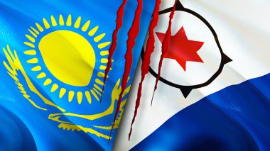 Yara izi olan Kazakistan ve Bonaire bayrakları. Dalgalanan bayrak, 3 boyutlu görüntüleme. Kazakistan ve Bonaire çatışma konsepti. Kazakistan Bonaire ilişkileri kavramı. Kazakistan bayrağı ve Bonaire krizi, savaş