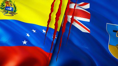 Venezuela ve Montserrat bayraklarında yara izi var. Dalgalanan bayrak, 3 boyutlu görüntüleme. Venezuela ve Montserrat çatışma konsepti. Venezuela Montserrat ilişkileri kavramı. Venezuela ve Montserra bayrağı