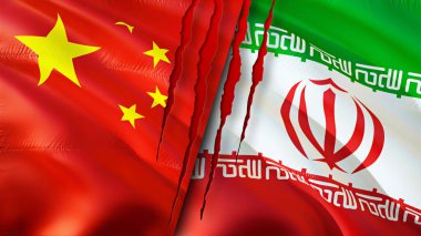 Yara izi olan Çin ve İran bayrakları. Dalgalanan bayrak, 3 boyutlu görüntüleme. Çin ve İran çatışma konsepti. Çin İran ilişkileri kavramı. Çin ve İran bayrağı krizi, savaş, saldırı konsepti