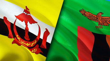 Brunei ve Zambiya bayrakları. 3 boyutlu dalgalanan bayrak tasarımı. Brunei Zambiya bayrağı, resim, duvar kağıdı. Brunei, Zambiya 'ya karşı, görüntü 3 boyutlu. Brunei Zambiya ilişkileri ittifak ve ticaret, seyahat, turizm konsepti