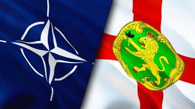 NATO ve Alderney bayrakları. 3 boyutlu dalgalanan bayrak tasarımı. Alderney NATO bayrağı, resim, duvar kağıdı. NATO, Alderney 'e karşı, görüntü 3 boyutlu. NATO Alderney ilişkileri ittifak ve ticaret, seyahat, turizm konsepti