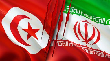 Yara izi olan Tunus ve İran bayrakları. Dalgalanan bayrak, 3 boyutlu görüntüleme. Tunus ve İran çatışma konsepti. Tunus İran ilişkileri kavramı. Tunus ve İran bayrağı kriz, savaş, saldırı konsepti