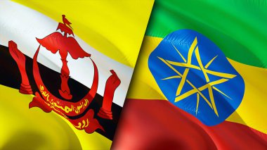 Brunei ve Etiyopya bayrakları. 3 boyutlu dalgalanan bayrak tasarımı. Brunei Etiyopya bayrağı, resim, duvar kağıdı. Brunei Etiyopya 'ya karşı, görüntü 3 boyutlu. Brunei Etiyopya ilişkileri ittifak ve ticaret, seyahat, turizm konsepti