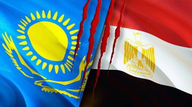Kazakistan ve Mısır bayraklarında yara izi var. Dalgalanan bayrak, 3 boyutlu görüntüleme. Kazakistan ve Mısır çatışma konsepti. Kazakistan Mısır ilişkileri kavramı. Kazakistan bayrağı ve Mısır krizi, savaş, attac