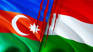 Yara izi olan Azerbaycan ve Macaristan bayrakları. Dalgalanan bayrak, 3 boyutlu görüntüleme. Azerbaycan ve Macaristan çatışma konsepti. Azerbaycan Macaristan ilişkileri kavramı. Azerbaycan bayrağı ve Macaristan krizi, savaş