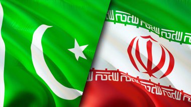 Pakistan ve İran bayrakları. 3 boyutlu dalgalanan bayrak tasarımı. Pakistan bayrağı, resim, duvar kağıdı. Pakistan, İran 'a karşı, görüntü 3 boyutlu. Pakistan-İran ilişkileri ittifak ve ticaret, seyahat, turizm konsepti