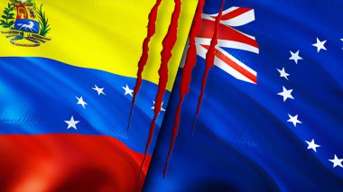 Venezuela ve Cook Adaları yara izi olan bayraklar. Dalgalanan bayrak, 3 boyutlu görüntüleme. Venezuela ve Cook Adaları çatışma konsepti. Venezuela Cook Adaları ilişkileri kavramı. Venezuela ve Coo bayrağı