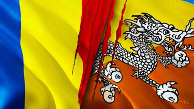 Romanya ve Bhutan yara izi kavramına sahip bayraklar. Dalgalanan bayrak, 3 boyutlu görüntüleme. Romanya ve Butan ihtilafı kavramı. Romanya Bhutan ilişkileri kavramı. Romanya bayrağı ve Butan krizi, savaş, saldırı konsepti