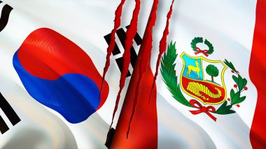 Güney Kore ve Peru bayraklarında yara izi var. Dalgalanan bayrak, 3 boyutlu görüntüleme. Güney Kore ve Peru çatışma konsepti. Güney Kore Peru ilişkileri kavramı. Güney Kore bayrağı ve Peru krizi, savaş, attac