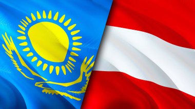 Kazakistan ve Avusturya bayrakları. 3 boyutlu dalgalanan bayrak tasarımı. Kazakistan Avusturya bayrağı, resim, duvar kağıdı. Kazakistan Avusturya 'ya karşı, görüntü 3 boyutlu. Kazakistan Avusturya İttifakı