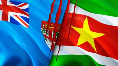 Fiji ve Surinam bayrakları ve yara izi konsepti. Dalgalanan bayrak, 3 boyutlu görüntüleme. Fiji ve Surinam çatışma konsepti. Fiji Surinam ilişkileri konsepti. Fiji ve Surinam bayrağı krizi, savaş, saldırı konsepti