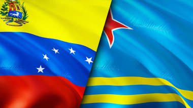 Venezuela ve Aruba bayrakları. 3 boyutlu dalgalanan bayrak tasarımı. Venezuela Aruba bayrağı, resim, duvar kağıdı. Venezuela, Aruba 'ya karşı, 3 boyutlu görüntü. Venezuela Aruba ilişkileri ittifak ve ticaret, seyahat, turizm konsepti