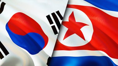 Güney Kore ve Kuzey Kore bayrakları. 3 boyutlu dalgalanan bayrak tasarımı. Güney Kore bayrağı, resim, duvar kağıdı. Güney Kore, Kuzey Kore 'ye karşı, görüntü 3D. Güney Kore Kuzey Kore ilişkileri ittifak